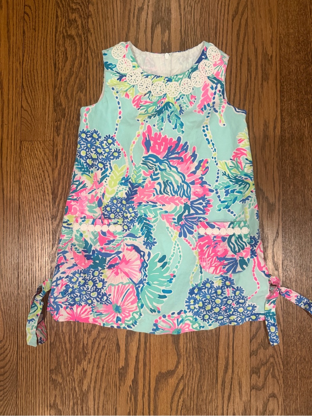 Lilly Pulitzer Floral Blue Green Pink Dress with White Crochet Trim